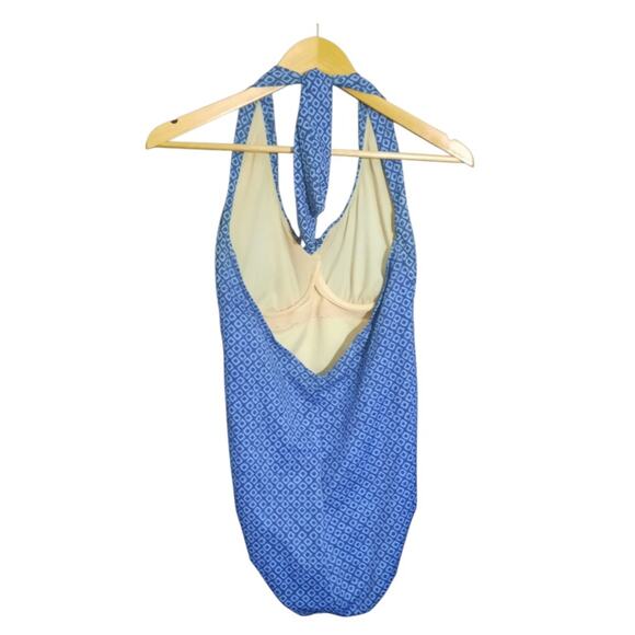 Lands End Womens Navy Abstract Print One Piece Halter Style Swim Suit Size 14 - Picture 2 of 4